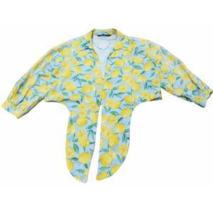 Zara women small silk linen lemon shirt yellow cropped green blue blouse spring